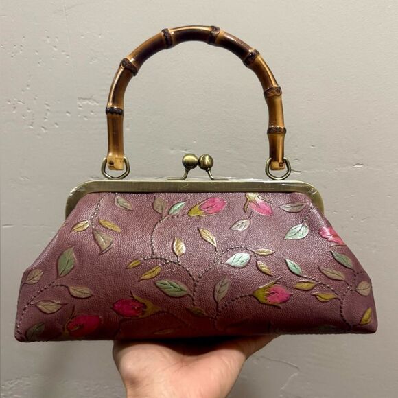 Handmade Genuine Leather Floral Embossed Real bamboo Handle Satchel/Crossbody - Picture 1 of 15
